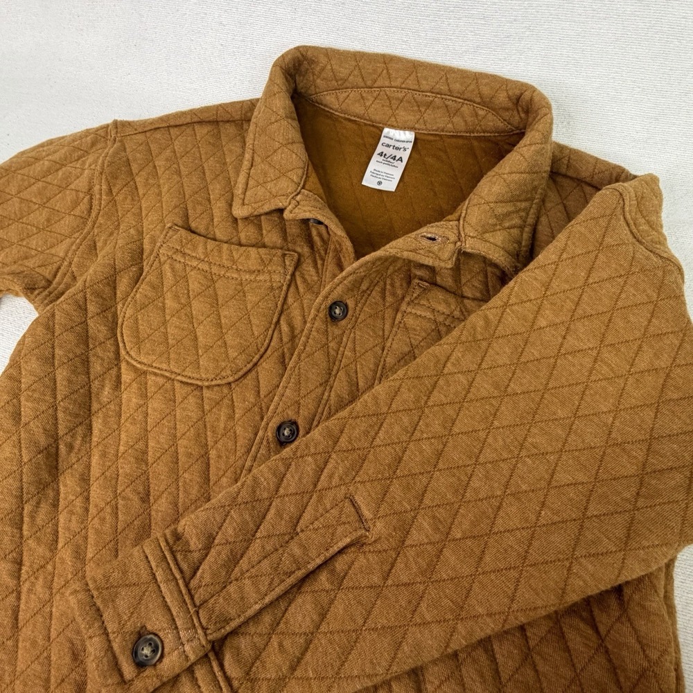 Carter's Quilted Button Front Shacket Jacket Boys Brown Pockets 4T Fall Autumn